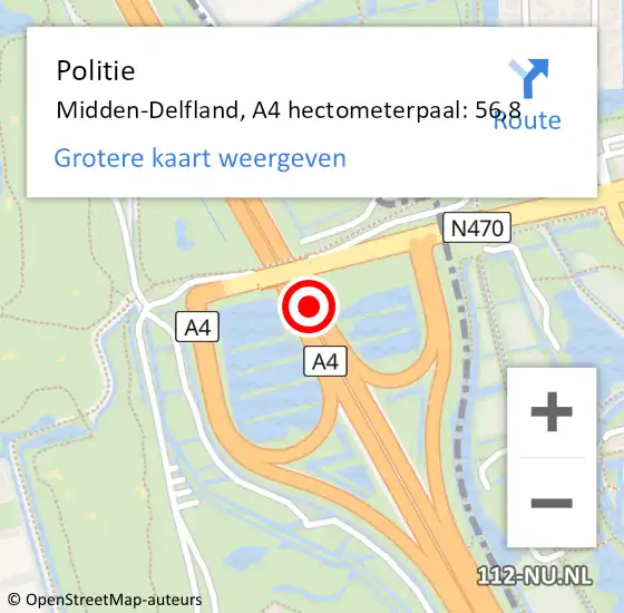 Locatie op kaart van de 112 melding: Politie Midden-Delfland, A4 hectometerpaal: 56,8 op 15 september 2023 17:15