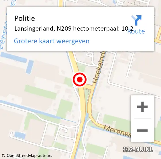 Locatie op kaart van de 112 melding: Politie Lansingerland, N209 hectometerpaal: 10,2 op 15 september 2023 17:24