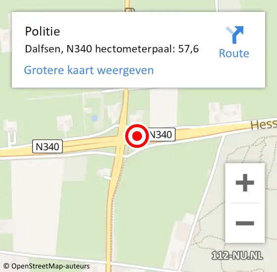 Locatie op kaart van de 112 melding: Politie Dalfsen, N340 hectometerpaal: 57,6 op 15 september 2023 19:30