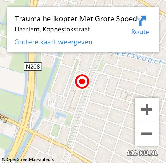 Locatie op kaart van de 112 melding: Trauma helikopter Met Grote Spoed Naar Haarlem, Koppestokstraat op 15 september 2023 20:44