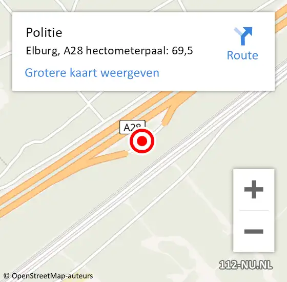 Locatie op kaart van de 112 melding: Politie Elburg, A28 hectometerpaal: 69,5 op 16 september 2023 03:17