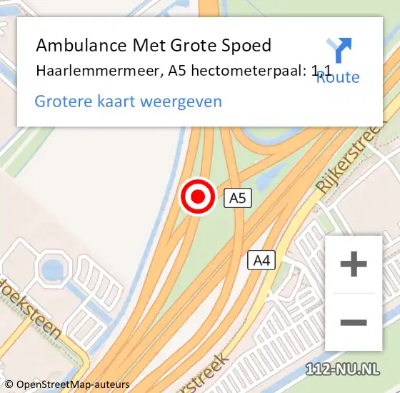 Locatie op kaart van de 112 melding: Ambulance Met Grote Spoed Naar Haarlemmermeer, A5 hectometerpaal: 1,1 op 16 september 2023 03:44