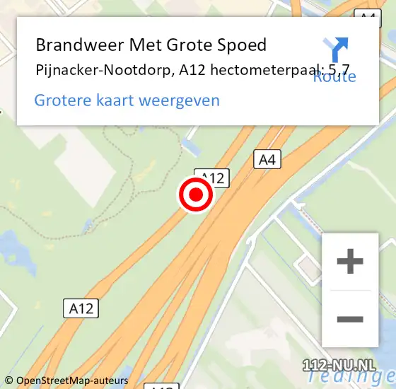 Locatie op kaart van de 112 melding: Brandweer Met Grote Spoed Naar Pijnacker-Nootdorp, A12 hectometerpaal: 5,7 op 16 september 2023 12:34