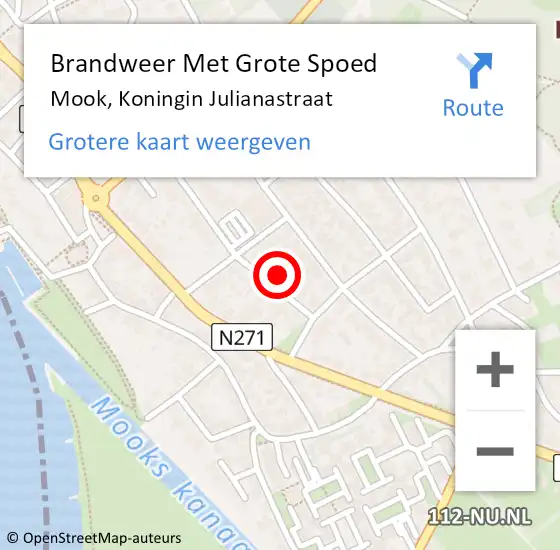 Locatie op kaart van de 112 melding: Brandweer Met Grote Spoed Naar Mook, Koningin Julianastraat op 16 september 2023 12:52
