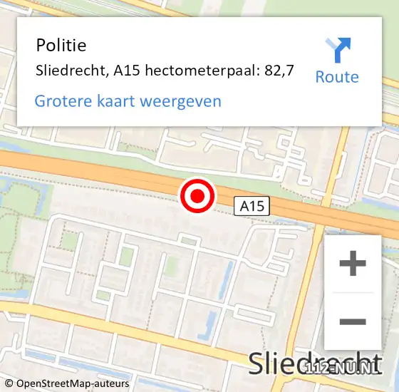 Locatie op kaart van de 112 melding: Politie Sliedrecht, A15 hectometerpaal: 82,7 op 16 september 2023 13:17