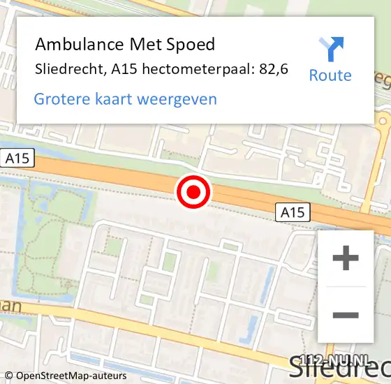 Locatie op kaart van de 112 melding: Ambulance Met Spoed Naar Sliedrecht, A15 hectometerpaal: 82,6 op 16 september 2023 13:47