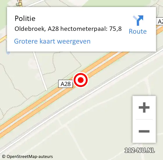 Locatie op kaart van de 112 melding: Politie Oldebroek, A28 hectometerpaal: 75,8 op 16 september 2023 14:04