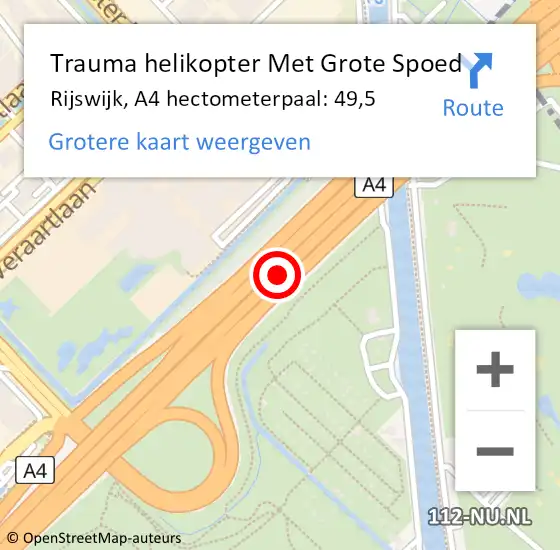 Locatie op kaart van de 112 melding: Trauma helikopter Met Grote Spoed Naar Rijswijk, A4 hectometerpaal: 49,5 op 16 september 2023 17:27