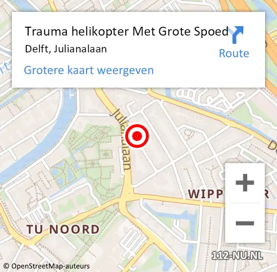 Locatie op kaart van de 112 melding: Trauma helikopter Met Grote Spoed Naar Delft, Julianalaan op 16 september 2023 17:45