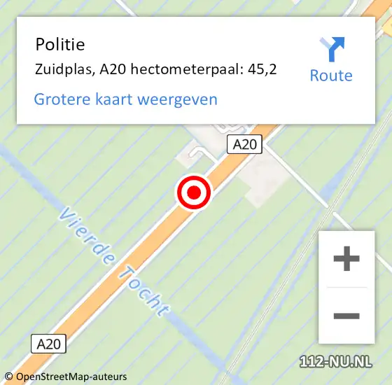 Locatie op kaart van de 112 melding: Politie Zuidplas, A20 hectometerpaal: 45,2 op 16 september 2023 18:21