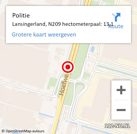 Locatie op kaart van de 112 melding: Politie Lansingerland, N209 hectometerpaal: 13,1 op 16 september 2023 18:23