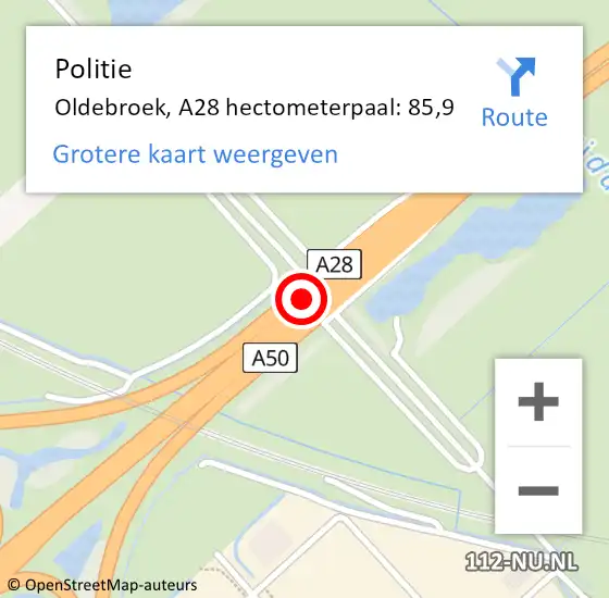 Locatie op kaart van de 112 melding: Politie Oldebroek, A28 hectometerpaal: 85,9 op 16 september 2023 20:07