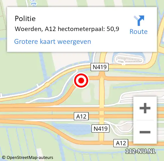 Locatie op kaart van de 112 melding: Politie Woerden, A12 hectometerpaal: 50,9 op 16 september 2023 21:28