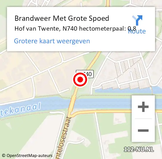 Locatie op kaart van de 112 melding: Brandweer Met Grote Spoed Naar Hof van Twente, N740 hectometerpaal: 0,8 op 16 september 2023 21:36