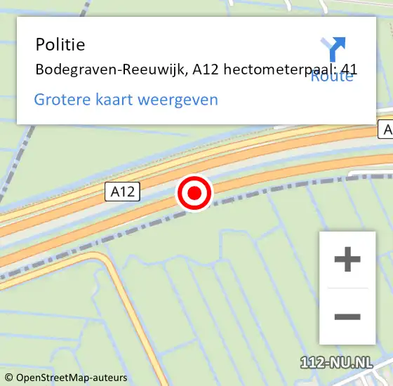 Locatie op kaart van de 112 melding: Politie Bodegraven-Reeuwijk, A12 hectometerpaal: 41 op 16 september 2023 22:41