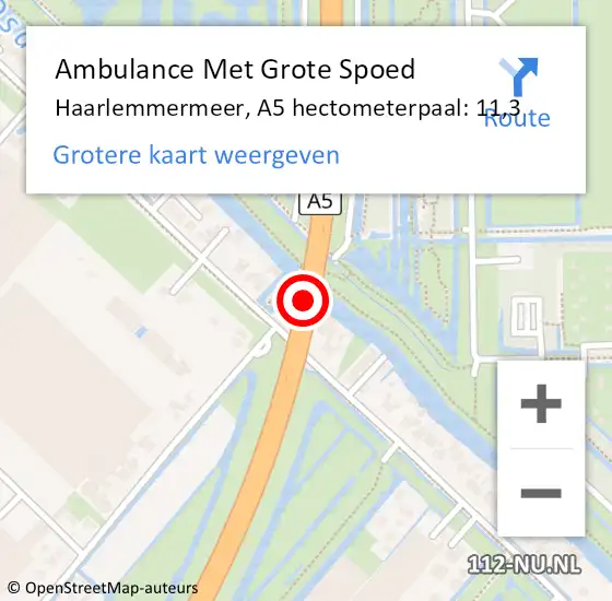Locatie op kaart van de 112 melding: Ambulance Met Grote Spoed Naar Haarlemmermeer, A5 hectometerpaal: 11,3 op 16 september 2023 23:15