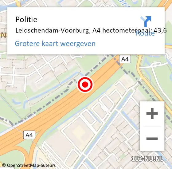 Locatie op kaart van de 112 melding: Politie Leidschendam-Voorburg, A4 hectometerpaal: 43,6 op 17 september 2023 00:42