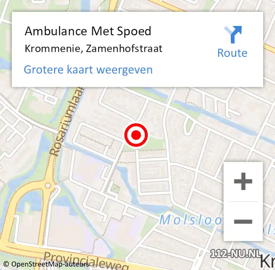Locatie op kaart van de 112 melding: Ambulance Met Spoed Naar Krommenie, Zamenhofstraat op 17 september 2023 02:36