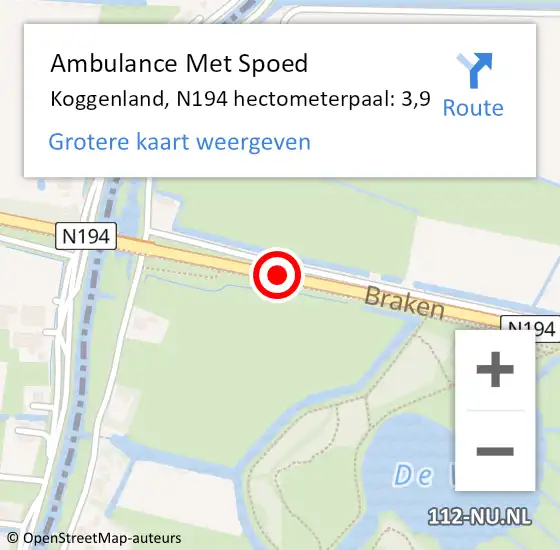 Locatie op kaart van de 112 melding: Ambulance Met Spoed Naar Koggenland, N194 hectometerpaal: 3,9 op 17 september 2023 03:12