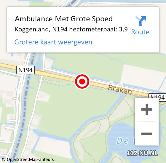 Locatie op kaart van de 112 melding: Ambulance Met Grote Spoed Naar Koggenland, N194 hectometerpaal: 3,9 op 17 september 2023 03:18