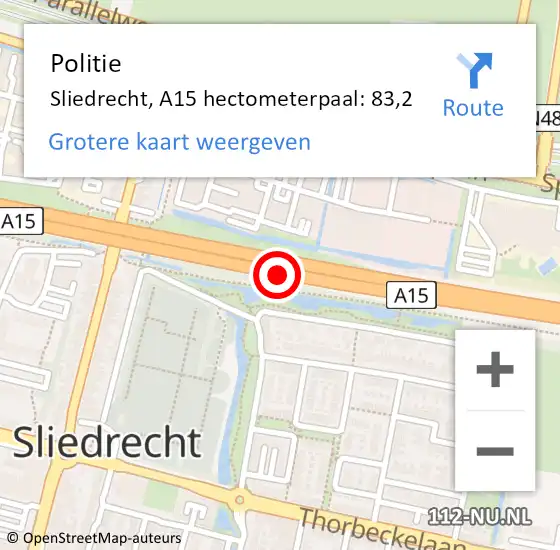 Locatie op kaart van de 112 melding: Politie Sliedrecht, A15 hectometerpaal: 83,2 op 17 september 2023 09:38