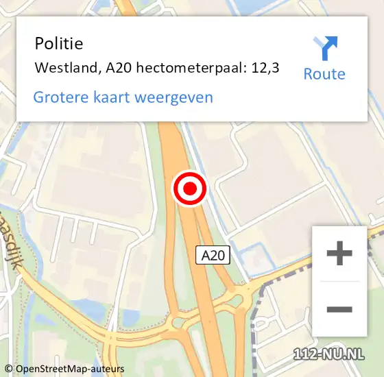 Locatie op kaart van de 112 melding: Politie Westland, A20 hectometerpaal: 12,3 op 17 september 2023 10:30