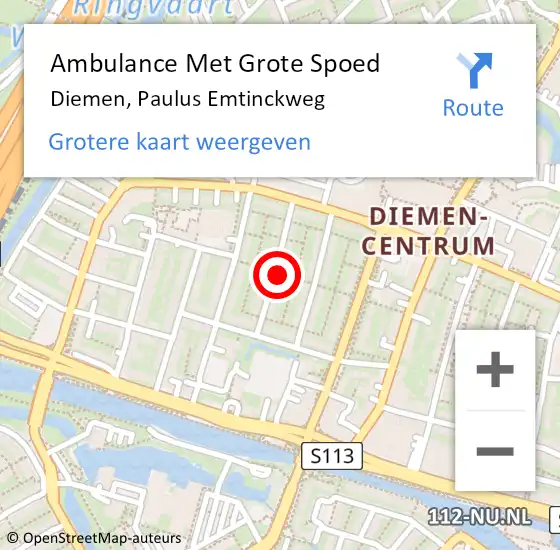 Locatie op kaart van de 112 melding: Ambulance Met Grote Spoed Naar Diemen, Paulus Emtinckweg op 17 september 2023 11:33