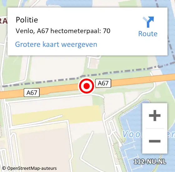 Locatie op kaart van de 112 melding: Politie Venlo, A67 hectometerpaal: 70 op 17 september 2023 13:37