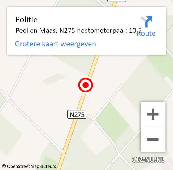 Locatie op kaart van de 112 melding: Politie Peel en Maas, N275 hectometerpaal: 10,5 op 17 september 2023 13:43