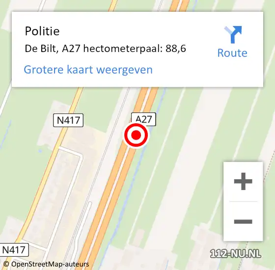 Locatie op kaart van de 112 melding: Politie De Bilt, A27 hectometerpaal: 88,6 op 17 september 2023 14:50