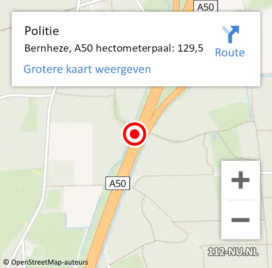 Locatie op kaart van de 112 melding: Politie Bernheze, A50 hectometerpaal: 129,5 op 17 september 2023 14:54