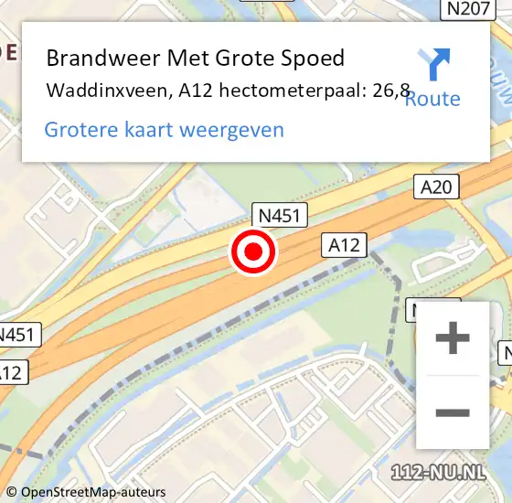 Locatie op kaart van de 112 melding: Brandweer Met Grote Spoed Naar Waddinxveen, A12 hectometerpaal: 26,8 op 17 september 2023 15:17