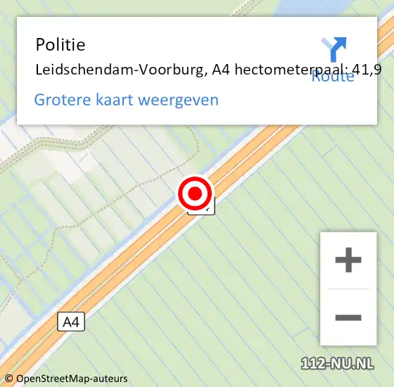 Locatie op kaart van de 112 melding: Politie Leidschendam-Voorburg, A4 hectometerpaal: 41,9 op 17 september 2023 16:05