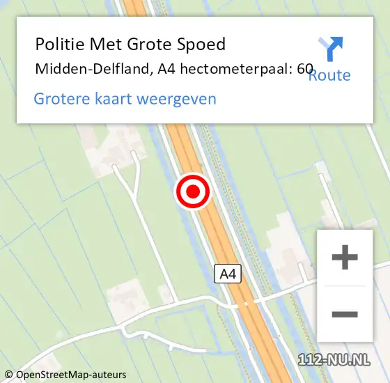 Locatie op kaart van de 112 melding: Politie Met Grote Spoed Naar Midden-Delfland, A4 hectometerpaal: 60 op 17 september 2023 18:04