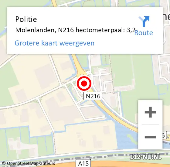 Locatie op kaart van de 112 melding: Politie Molenlanden, N216 hectometerpaal: 3,2 op 17 september 2023 19:25