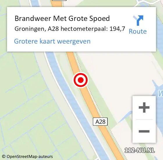 Locatie op kaart van de 112 melding: Brandweer Met Grote Spoed Naar Groningen, A28 hectometerpaal: 194,7 op 17 september 2023 19:46