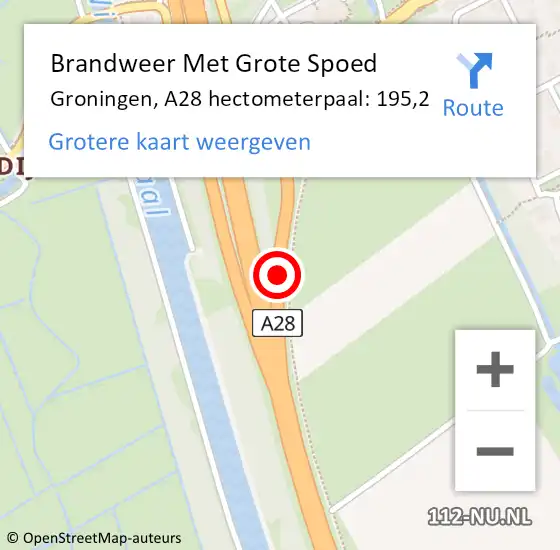 Locatie op kaart van de 112 melding: Brandweer Met Grote Spoed Naar Groningen, A28 hectometerpaal: 195,2 op 17 september 2023 19:52
