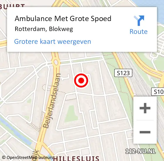 Locatie op kaart van de 112 melding: Ambulance Met Grote Spoed Naar Rotterdam, Blokweg op 17 september 2023 22:41