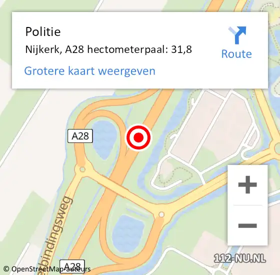 Locatie op kaart van de 112 melding: Politie Nijkerk, A28 hectometerpaal: 31,8 op 17 september 2023 22:43