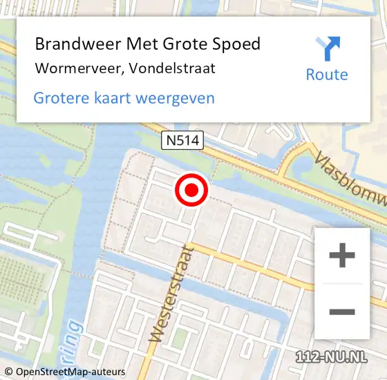 Locatie op kaart van de 112 melding: Brandweer Met Grote Spoed Naar Wormerveer, Vondelstraat op 18 september 2023 01:35