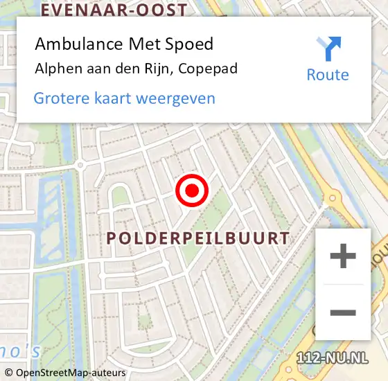 Locatie op kaart van de 112 melding: Ambulance Met Spoed Naar Alphen aan den Rijn, Copepad op 18 september 2023 06:25