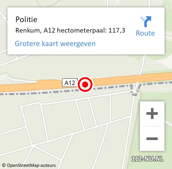 Locatie op kaart van de 112 melding: Politie Renkum, A12 hectometerpaal: 117,3 op 18 september 2023 07:12