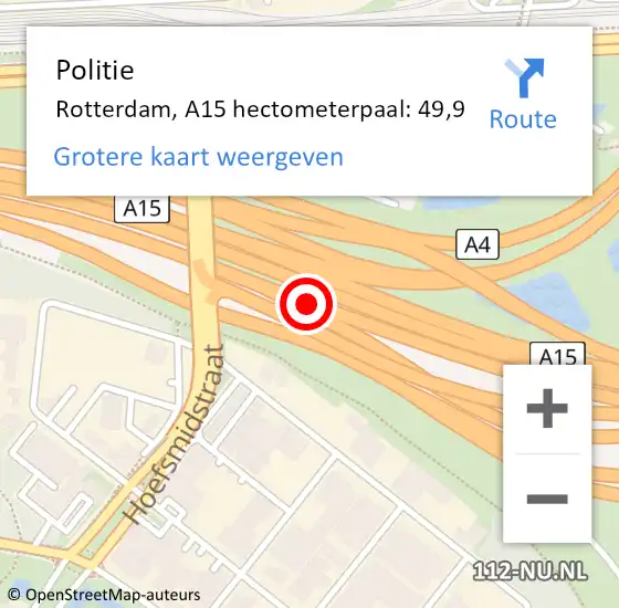 Locatie op kaart van de 112 melding: Politie Rotterdam, A15 hectometerpaal: 49,9 op 18 september 2023 07:14