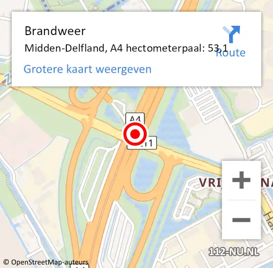 Locatie op kaart van de 112 melding: Brandweer Midden-Delfland, A4 hectometerpaal: 53,1 op 18 september 2023 07:23