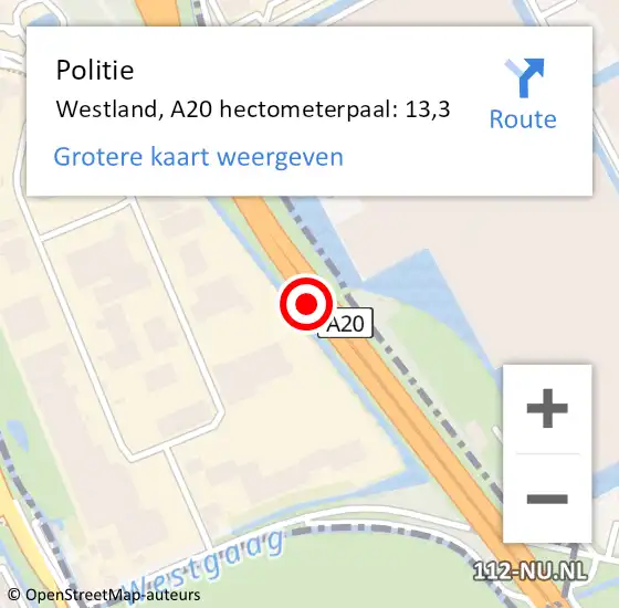 Locatie op kaart van de 112 melding: Politie Westland, A20 hectometerpaal: 13,3 op 18 september 2023 07:56