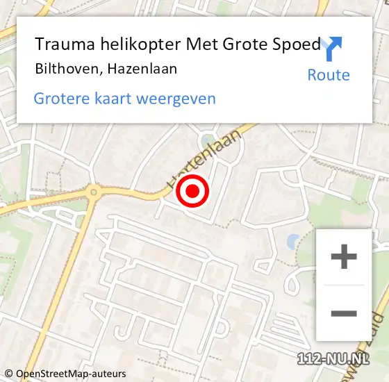 Locatie op kaart van de 112 melding: Trauma helikopter Met Grote Spoed Naar Bilthoven, Hazenlaan op 18 september 2023 08:44
