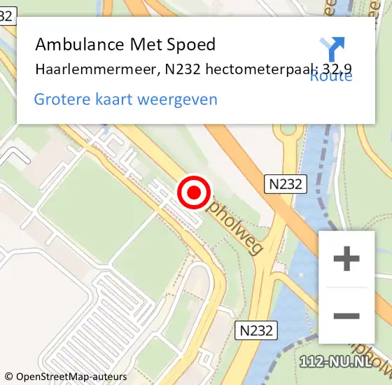 Locatie op kaart van de 112 melding: Ambulance Met Spoed Naar Haarlemmermeer, N232 hectometerpaal: 32,9 op 18 september 2023 08:54