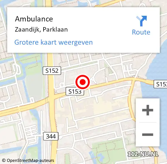 Locatie op kaart van de 112 melding: Ambulance Zaandijk, Parklaan op 18 september 2023 10:03