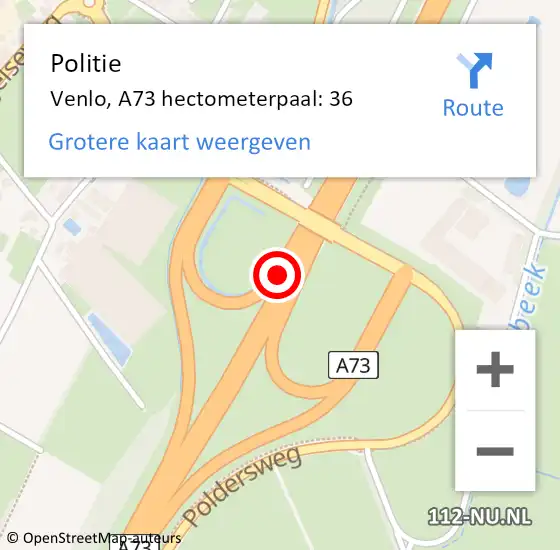 Locatie op kaart van de 112 melding: Politie Venlo, A73 hectometerpaal: 36 op 18 september 2023 10:03