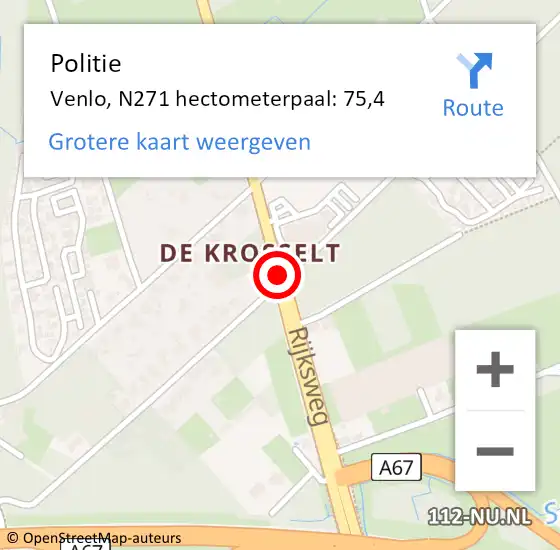 Locatie op kaart van de 112 melding: Politie Venlo, N271 hectometerpaal: 75,4 op 18 september 2023 11:15